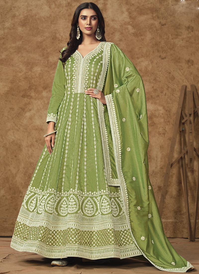Vegaa Fashion Light Green Dola Silk Embroidered Anarkali Suit