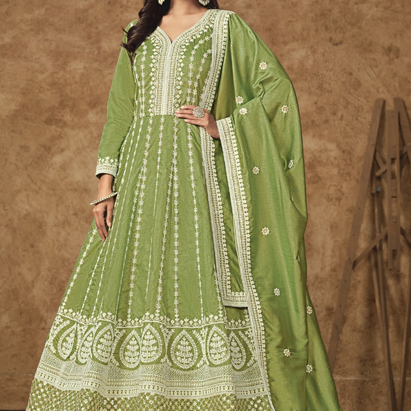 Vegaa Fashion Light Green Dola Silk Embroidered Anarkali Suit - Distacart