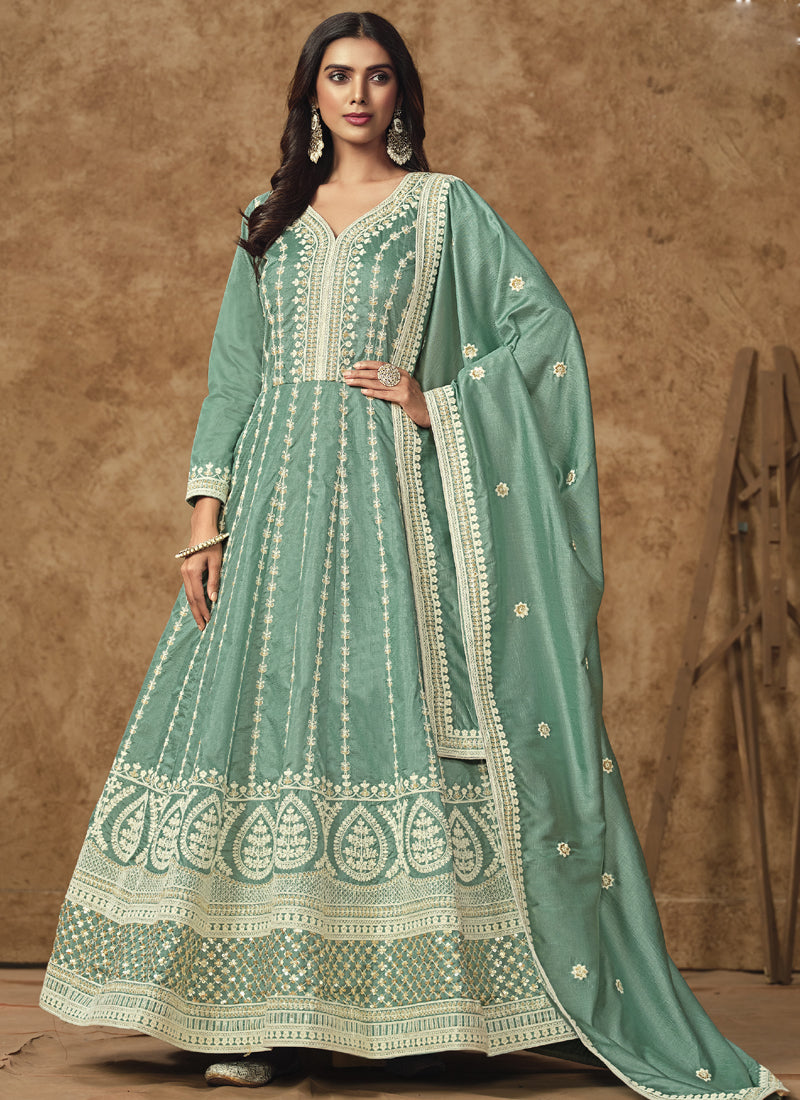 Vegaa Fashion Sea Green Dola Silk Embroidered Anarkali Suit