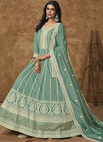 Thumbnail for Vegaa Fashion Sea Green Dola Silk Embroidered Anarkali Suit