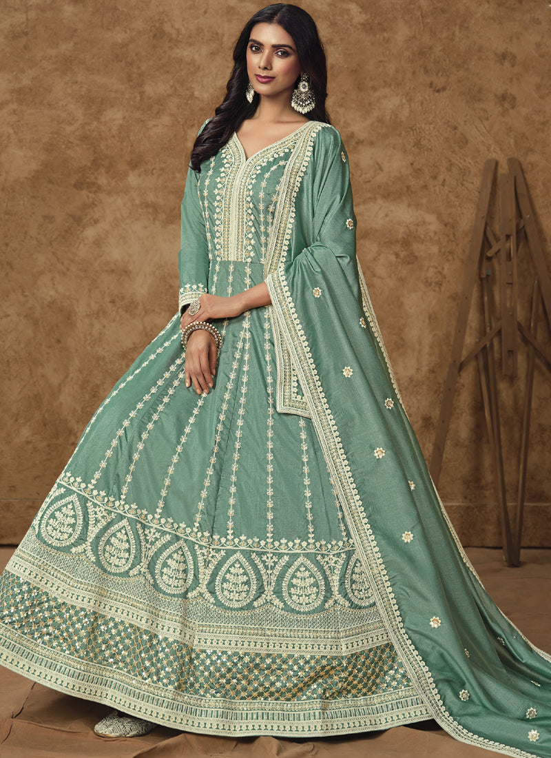 Vegaa Fashion Sea Green Dola Silk Embroidered Anarkali Suit - Distacart
