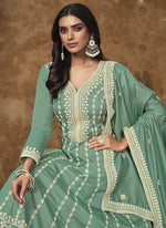 Thumbnail for Vegaa Fashion Sea Green Dola Silk Embroidered Anarkali Suit