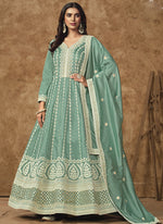 Thumbnail for Vegaa Fashion Sea Green Dola Silk Embroidered Anarkali Suit