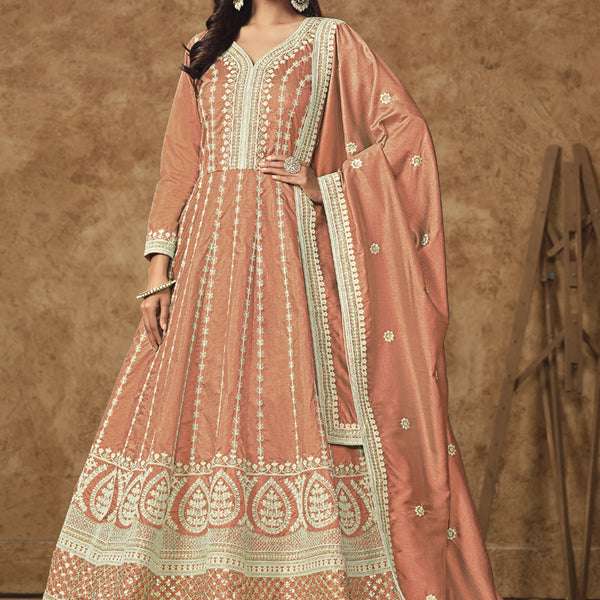 Vegaa Fashion Light Orange Dola Silk Embroidered Anarkali Suit - Distacart