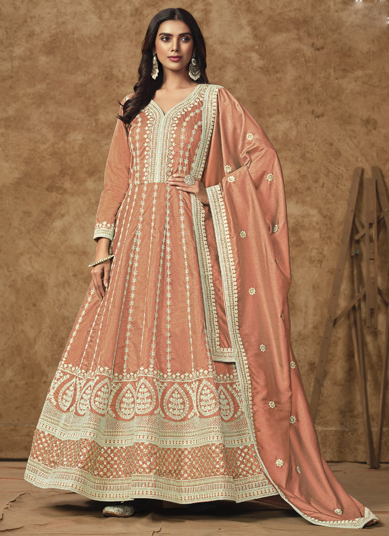Vegaa Fashion Light Orange Dola Silk Embroidered Anarkali Suit - Distacart