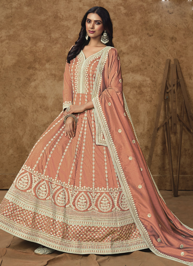 Vegaa Fashion Light Orange Dola Silk Embroidered Anarkali Suit