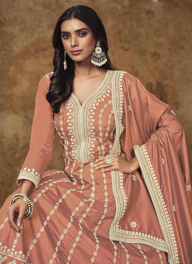 Vegaa Fashion Light Orange Dola Silk Embroidered Anarkali Suit