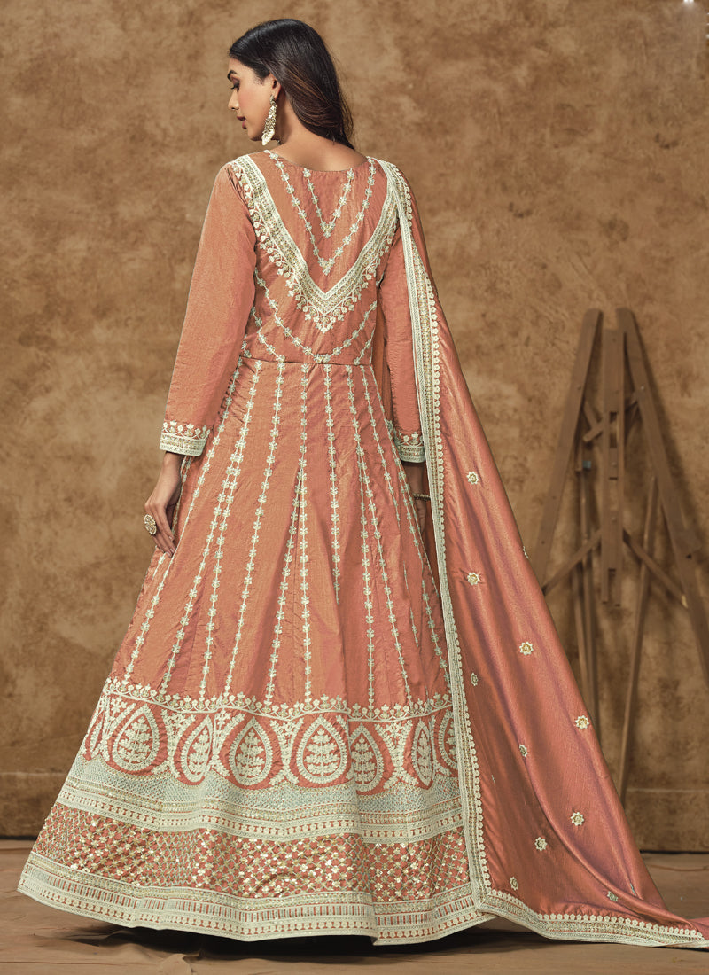 Vegaa Fashion Light Orange Dola Silk Embroidered Anarkali Suit