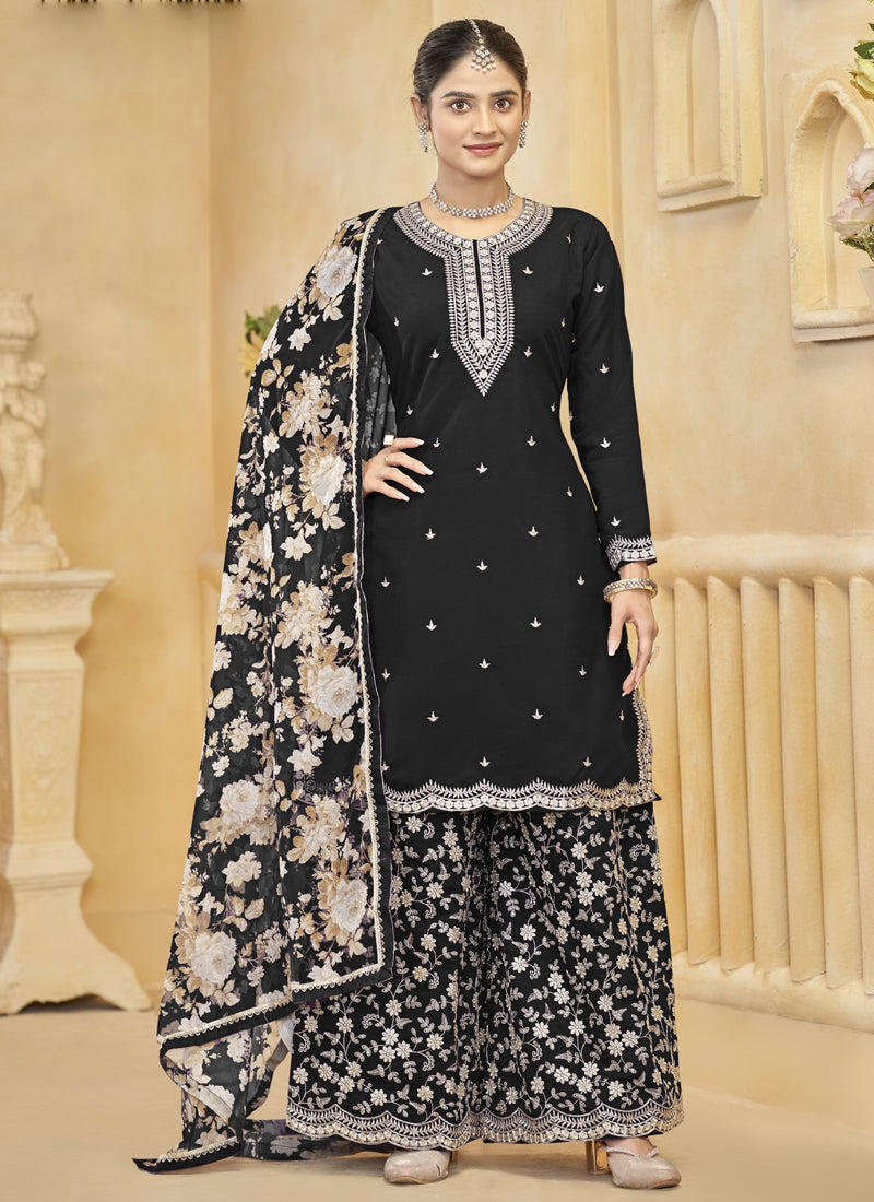 Vegaa Fashion Black Roman Silk Embroidered Palazzo Suit