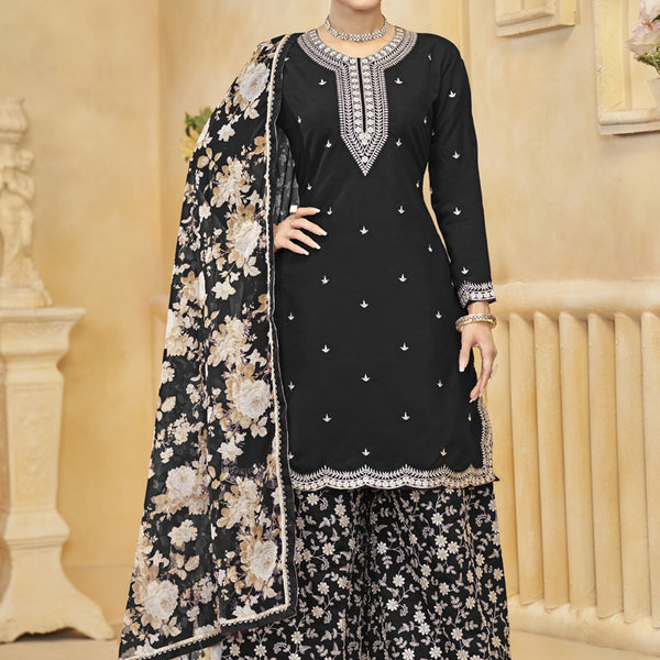 Vegaa Fashion Black Roman Silk Embroidered Palazzo Suit - Distacart