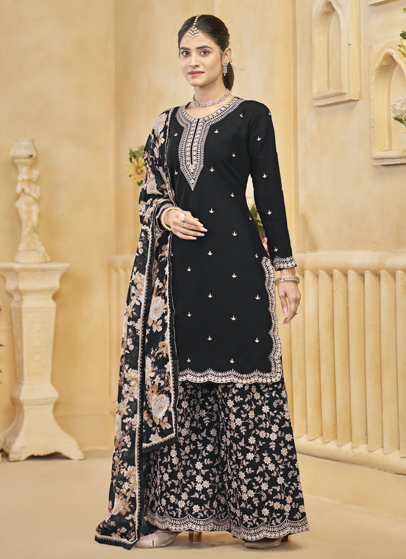 Vegaa Fashion Black Roman Silk Embroidered Palazzo Suit