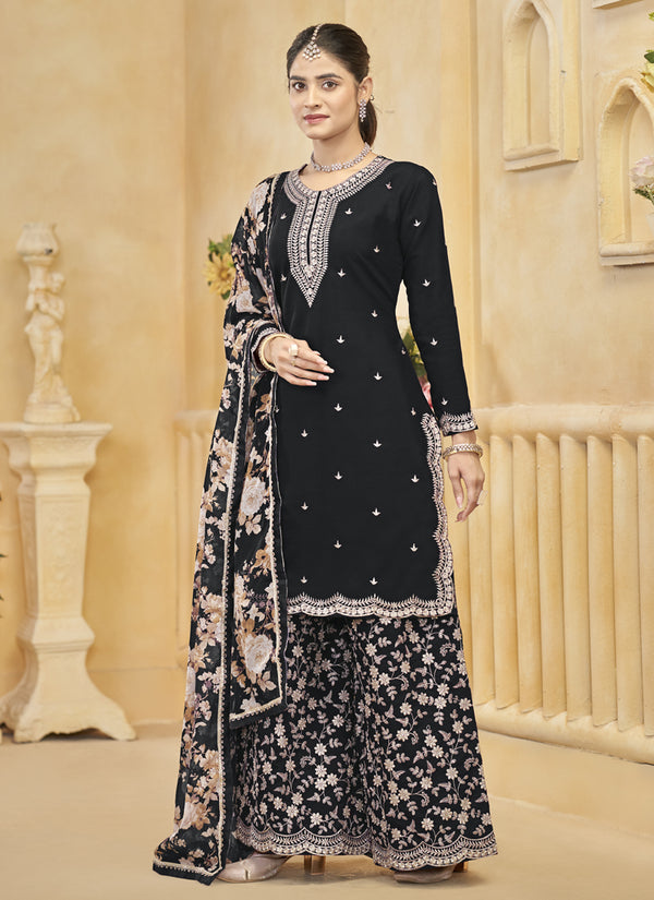 Vegaa Fashion Black Roman Silk Embroidered Palazzo Suit