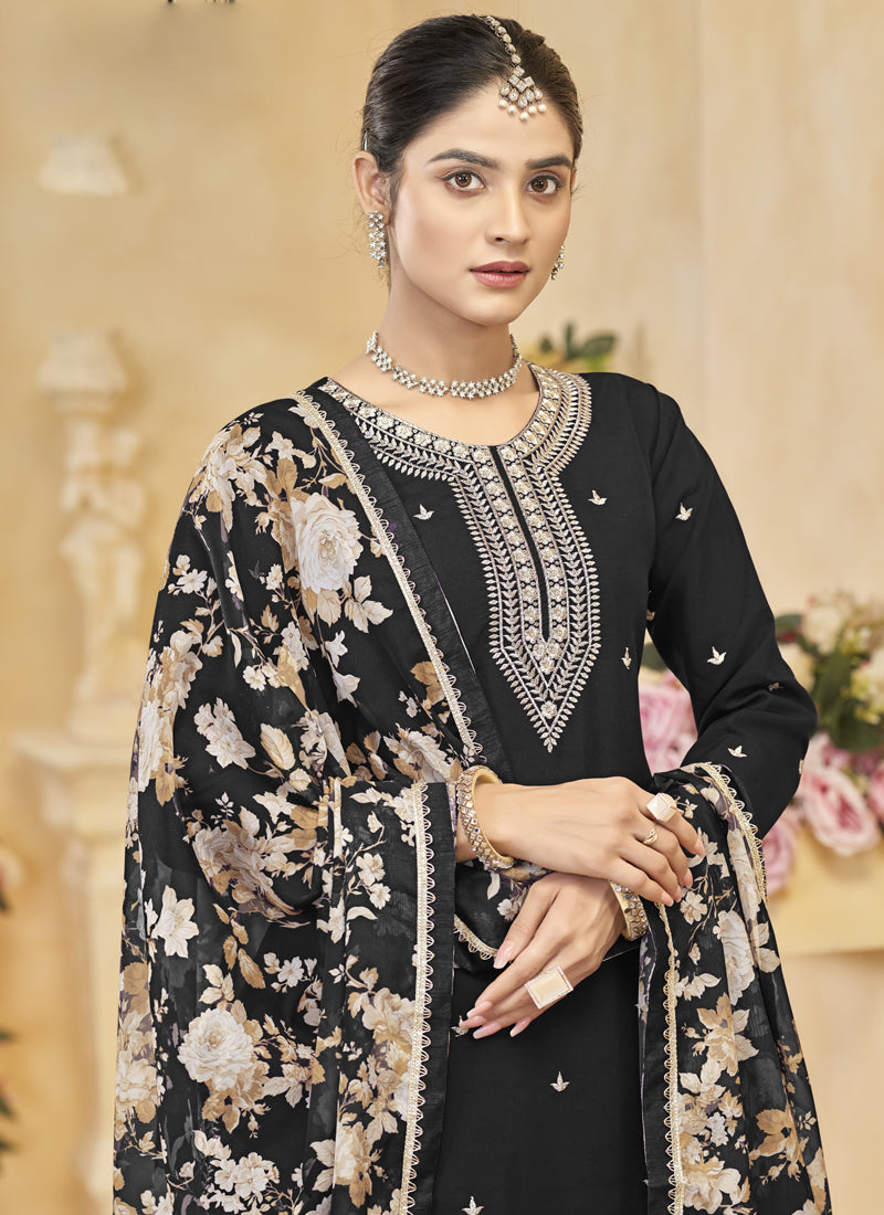Vegaa Fashion Black Roman Silk Embroidered Palazzo Suit