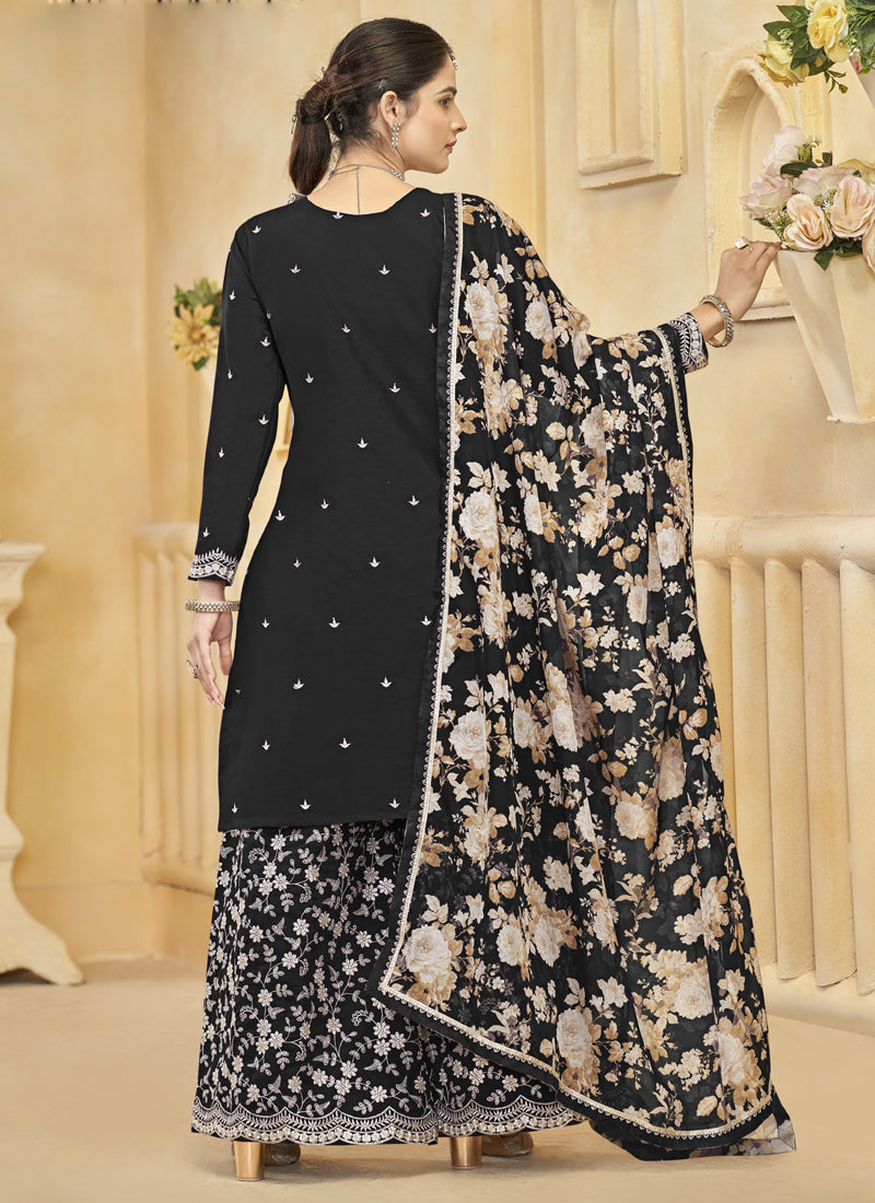 Vegaa Fashion Black Roman Silk Embroidered Palazzo Suit