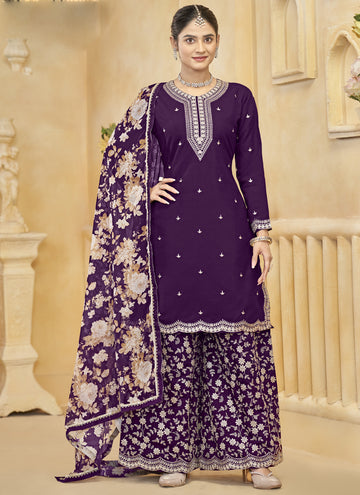 Vegaa Fashion Violet Roman Silk Embroidered Palazzo Suit - Distacart