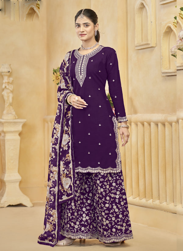 Vegaa Fashion Violet Roman Silk Embroidered Palazzo Suit