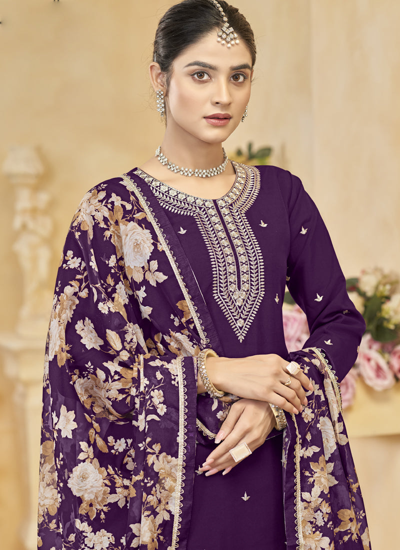 Vegaa Fashion Violet Roman Silk Embroidered Palazzo Suit