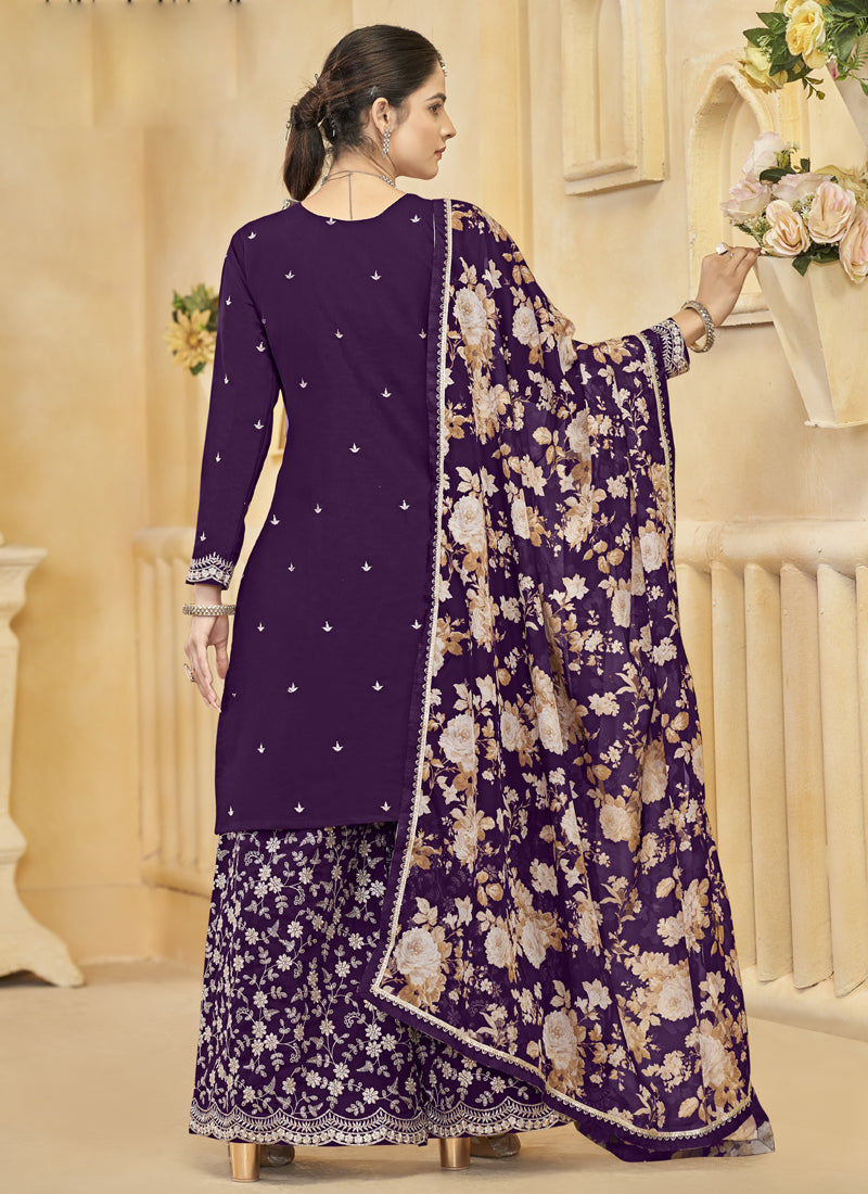 Vegaa Fashion Violet Roman Silk Embroidered Palazzo Suit