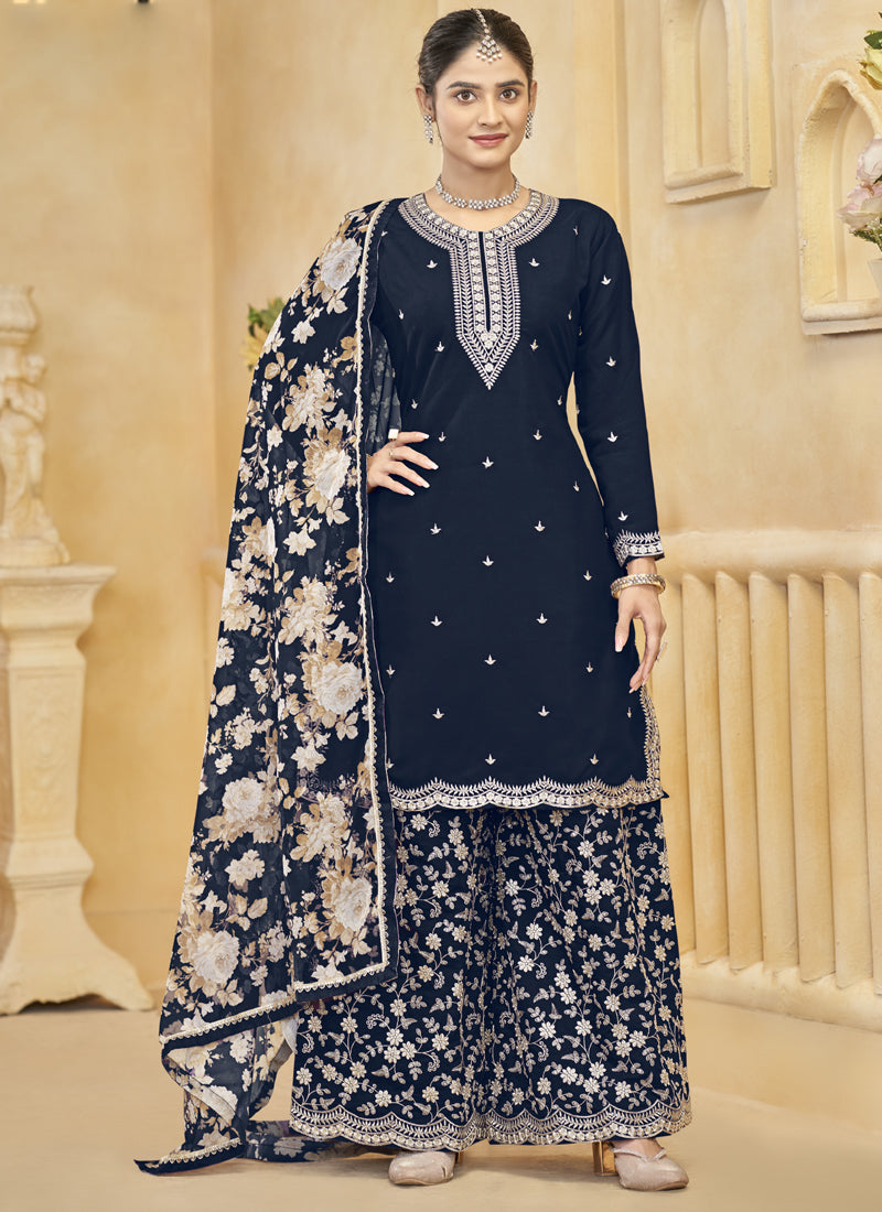 Vegaa Fashion Navy Blue Roman Silk Embroidered Palazzo Suit