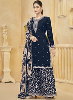 Thumbnail for Vegaa Fashion Navy Blue Roman Silk Embroidered Palazzo Suit