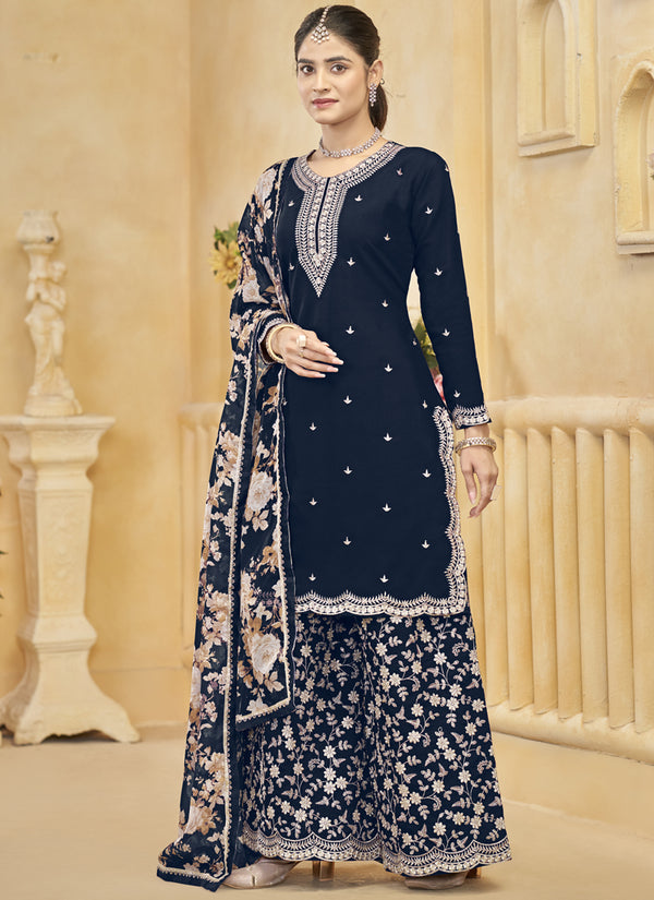Vegaa Fashion Navy Blue Roman Silk Embroidered Palazzo Suit