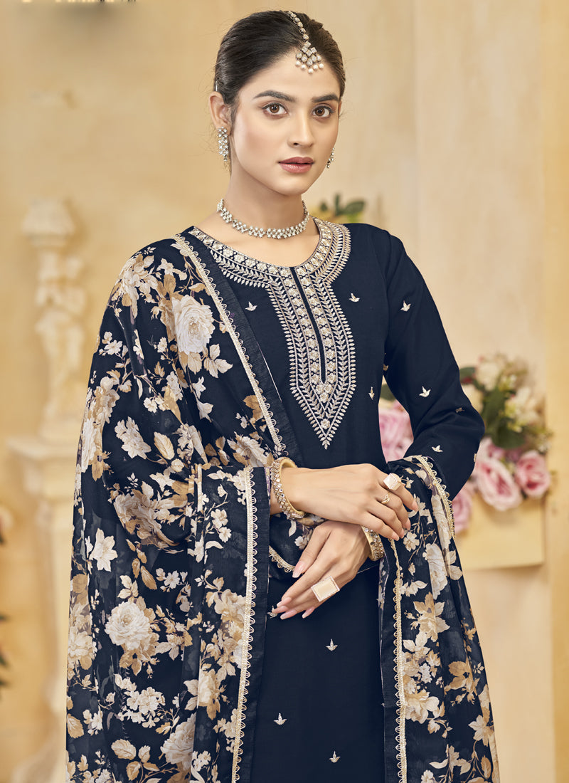 Vegaa Fashion Navy Blue Roman Silk Embroidered Palazzo Suit