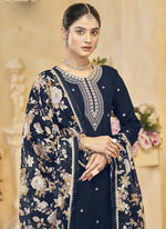 Thumbnail for Vegaa Fashion Navy Blue Roman Silk Embroidered Palazzo Suit