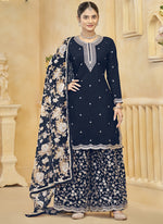 Thumbnail for Vegaa Fashion Navy Blue Roman Silk Embroidered Palazzo Suit