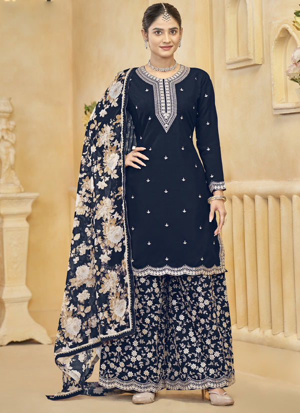 Vegaa Fashion Navy Blue Roman Silk Embroidered Palazzo Suit