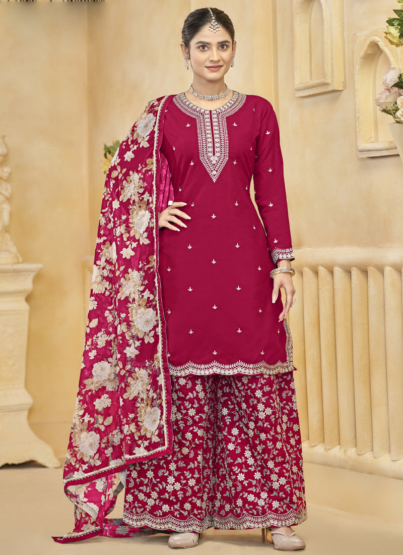 Vegaa Fashion Rani Pink Roman Silk Embroidered Palazzo Suit