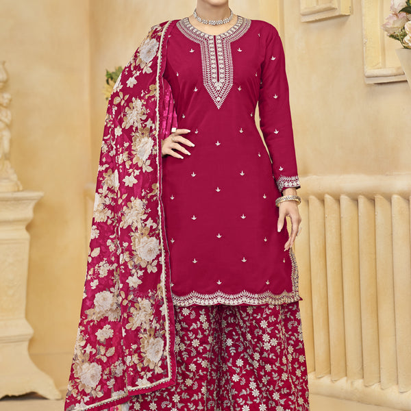 Vegaa Fashion Rani Pink Roman Silk Embroidered Palazzo Suit - Distacart