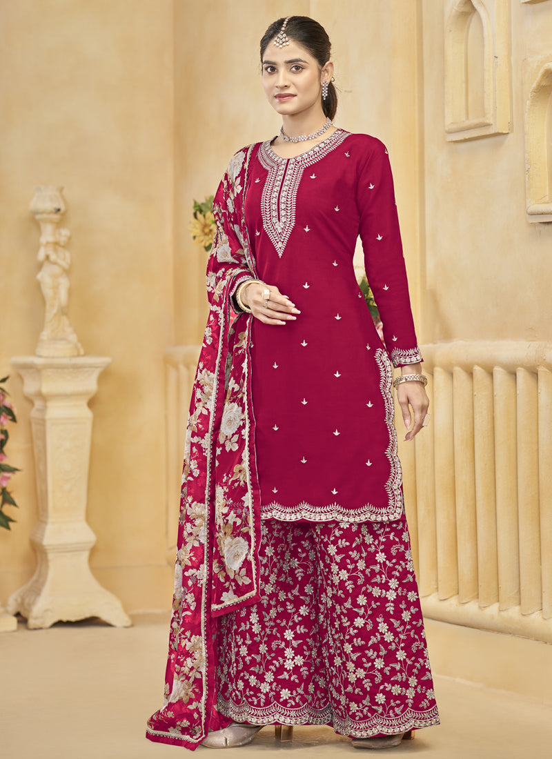 Vegaa Fashion Rani Pink Roman Silk Embroidered Palazzo Suit
