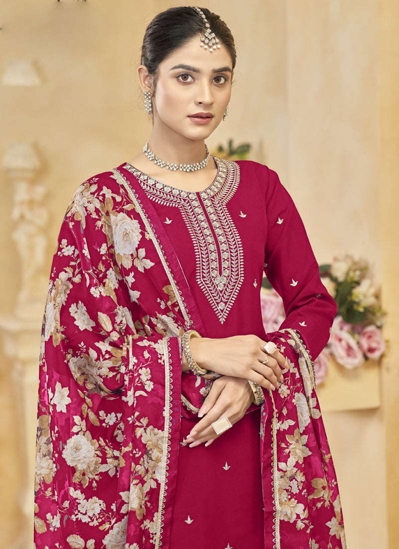 Vegaa Fashion Rani Pink Roman Silk Embroidered Palazzo Suit