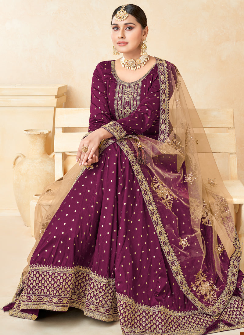 Vegaa Fashion Designer Wine Tafeta Silk Embroidery Anarkali Suit - Distacart