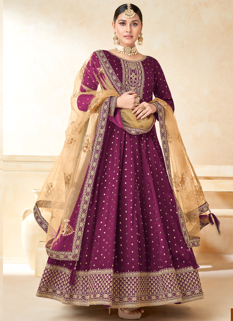 Vegaa Fashion Designer Wine Tafeta Silk Embroidery Anarkali Suit - Distacart