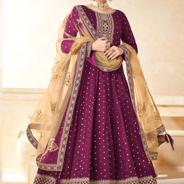 Vegaa Fashion Designer Wine Tafeta Silk Embroidery Anarkali Suit - Distacart
