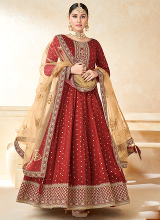 Vegaa Fashion Designer Red Tafeta Silk Embroidery Anarkali Suit