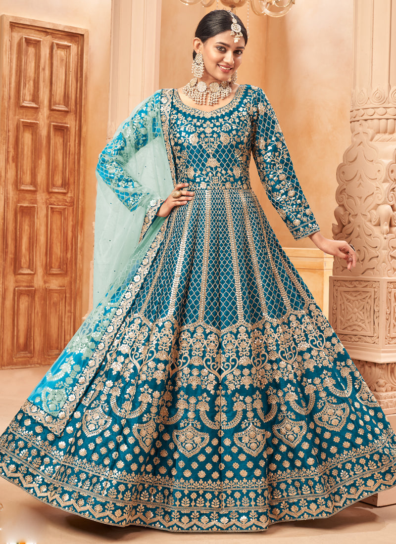Vegaa Fashion Designer Turquoise Art Silk Embroidery Anarkali Suit - Distacart