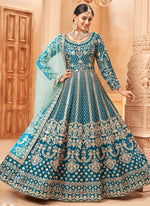 Thumbnail for Vegaa Fashion Designer Turquoise Art Silk Embroidery Anarkali Suit