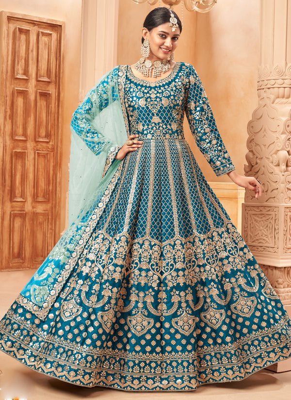 Vegaa Fashion Designer Turquoise Art Silk Embroidery Anarkali Suit