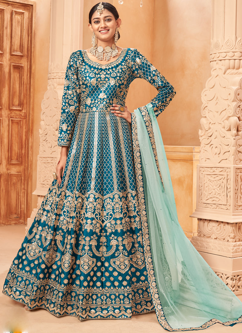 Vegaa Fashion Designer Turquoise Art Silk Embroidery Anarkali Suit - Distacart