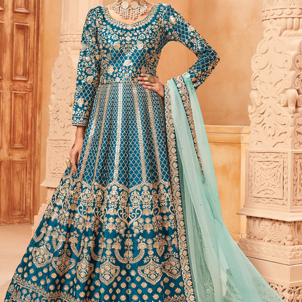 Vegaa Fashion Designer Turquoise Art Silk Embroidery Anarkali Suit - Distacart