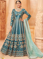 Thumbnail for Vegaa Fashion Designer Turquoise Art Silk Embroidery Anarkali Suit
