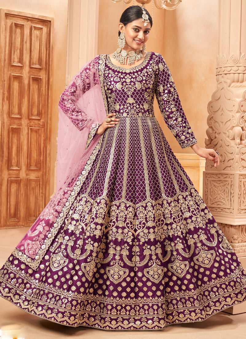 Vegaa Fashion Designer Wine Art Silk Embroidery Anarkali Suit - Distacart