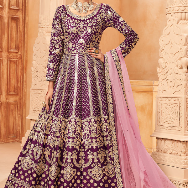 Vegaa Fashion Designer Wine Art Silk Embroidery Anarkali Suit - Distacart