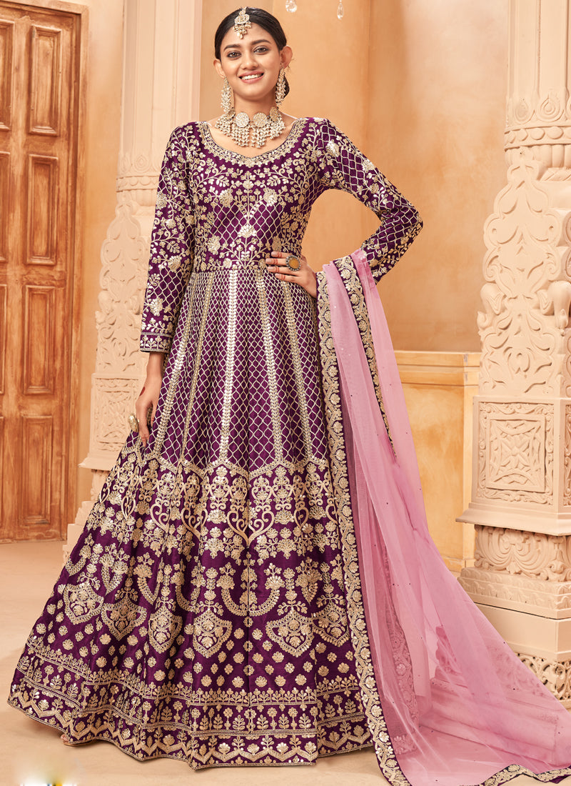 Vegaa Fashion Designer Wine Art Silk Embroidery Anarkali Suit - Distacart