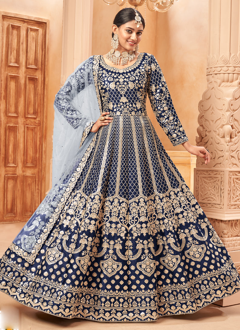 Vegaa Fashion Designer Navy Blue Art Silk Embroidery Anarkali Suit - Distacart