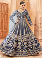 Thumbnail for Vegaa Fashion Designer Navy Blue Art Silk Embroidery Anarkali Suit