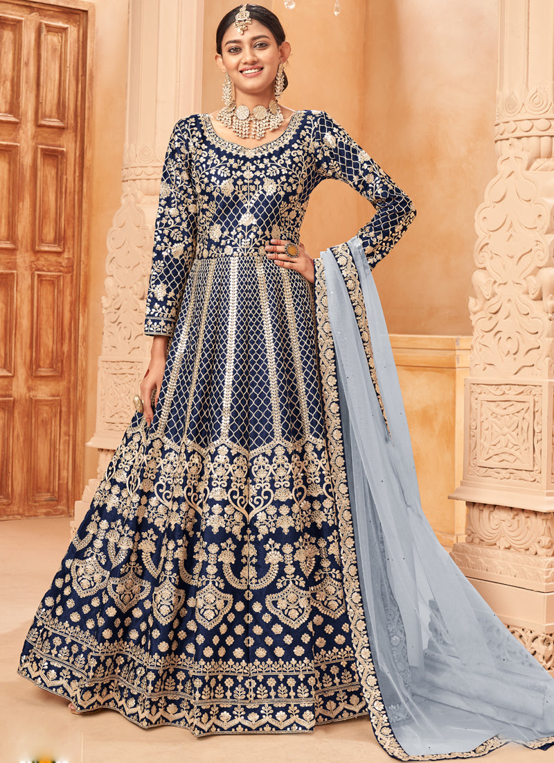 Vegaa Fashion Designer Navy Blue Art Silk Embroidery Anarkali Suit - Distacart