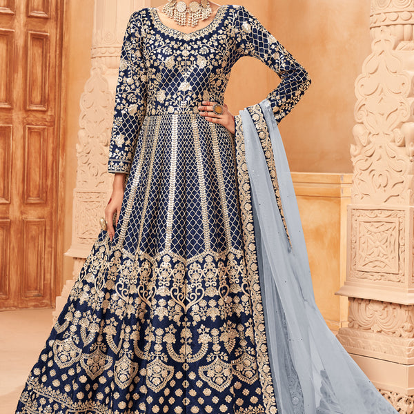 Vegaa Fashion Designer Navy Blue Art Silk Embroidery Anarkali Suit - Distacart